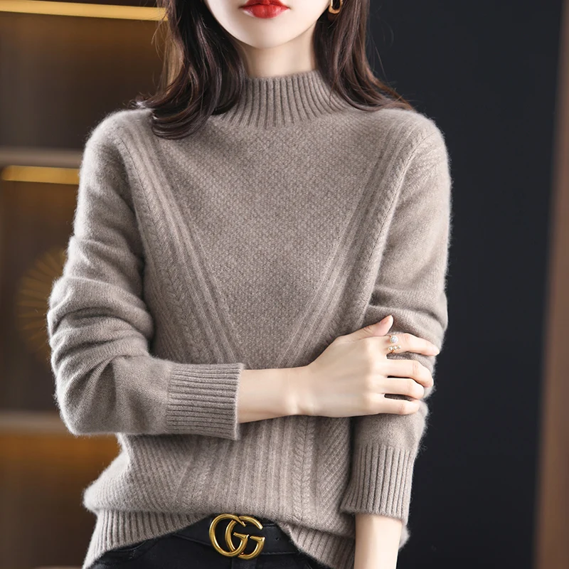 

Winter New Women's Sweater Elegant 100% Pure Wool Pullover Casual Ladies Tops Overside Thickened Loose Half Turtleneck Knitwear