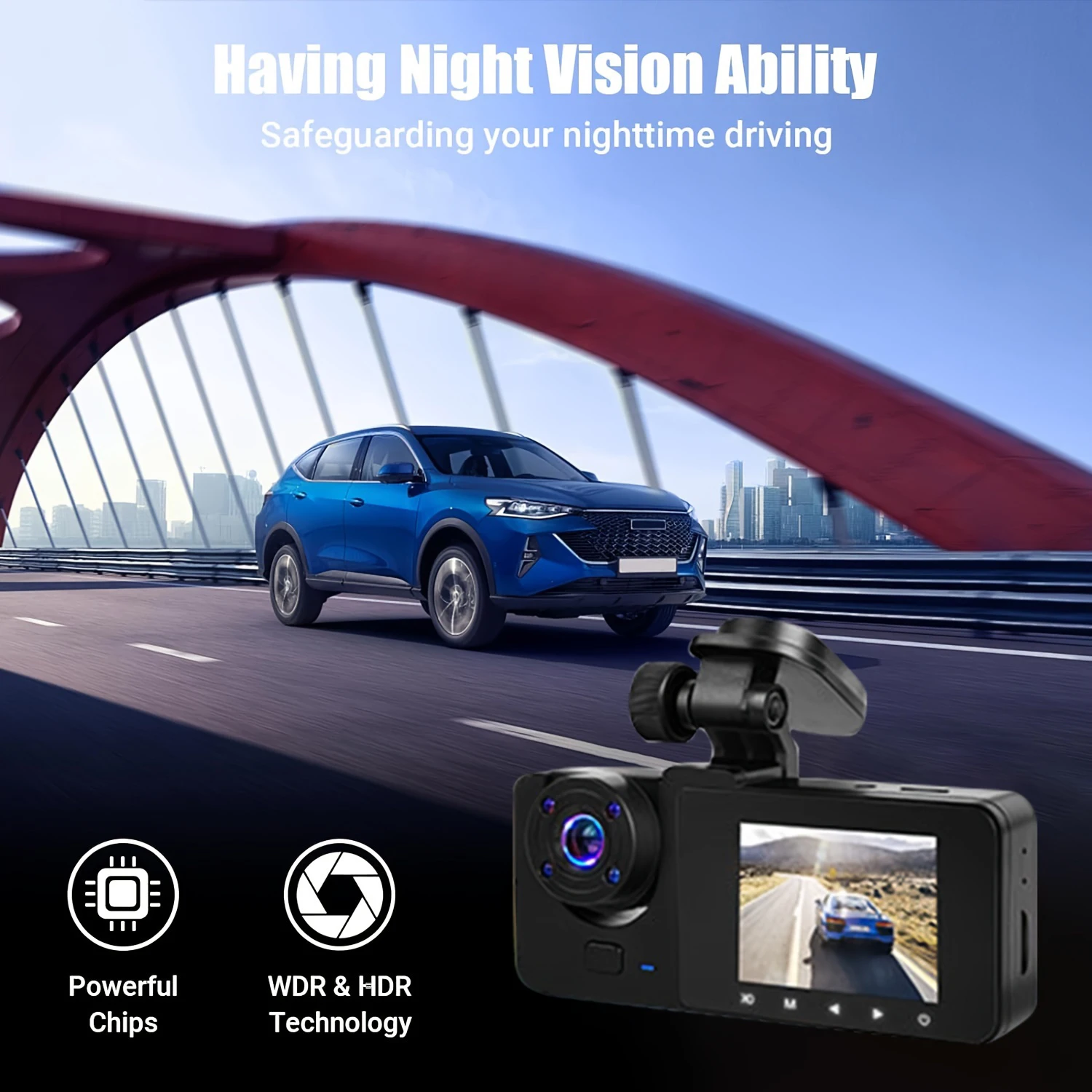 3 Camera 1080P HD Dash Recorder 2.0-Inch IPS Screen Night Vision Recorder Large Wide Angle Cycle Recording
