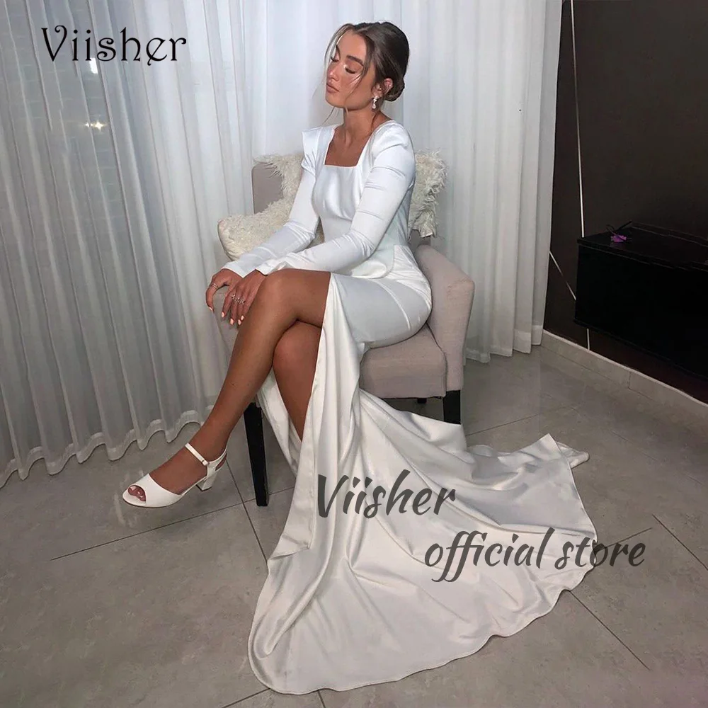 

Viisher Simple Civil White Satin Mermaid Wedding Dress Long Sleeve Square Neck Bridal Gowns with Split Elegant Bridesmaid Dress