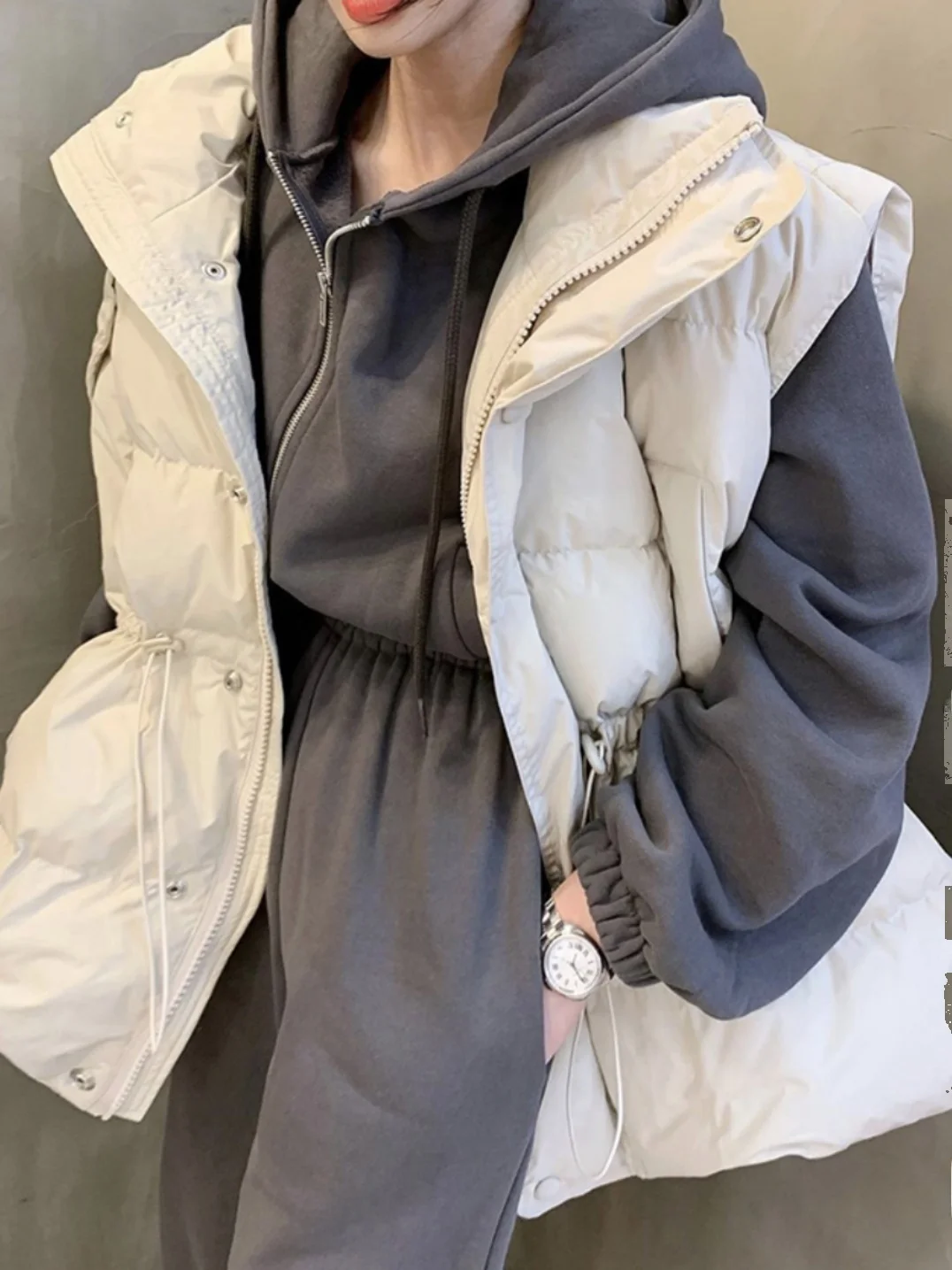 Women's Bread Coat Jaet Stand Collar Loose Slimming Dstring Waist Zipper Warm down Cotton Vest Outerwear