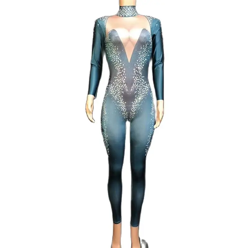 

Women New Sparkly Rhinestones Sexy Navy Blue Jumpsuit Rompers Models Catwalk Shows Star Party Singer DS Costume Jumpsuit