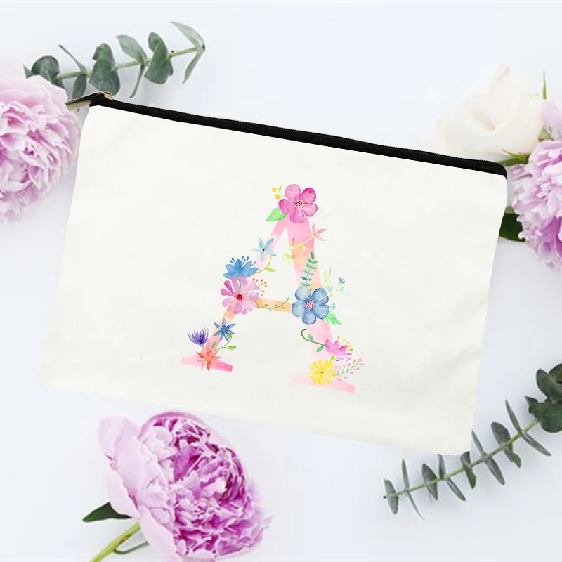 

Initial Letter A Z Flower Cosmetic Bag Women Make Up Bag Travel Toiletries Storage Pouch Ladies Clutch Purse Student Pencil Case