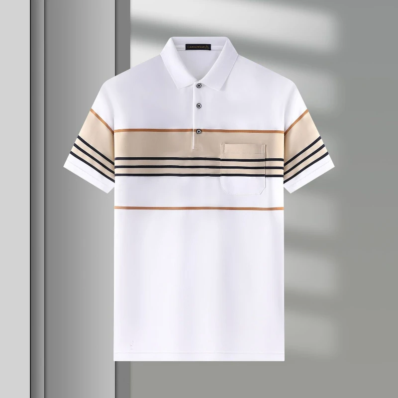 

Summer New Smart Casual Fashion Striped Short Sleeve Polo Shirt Men Clothing Lapel Pocket Business Contrast Color Versatile Tops