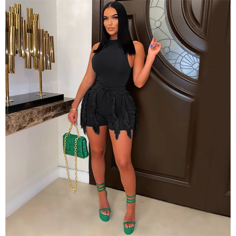 

Summer Casual Two-piece Suits Women Tassel Splice Elastic Waist Lace-up Shorts Solid Color Slim Fit Sleeveless Tops Female Sets