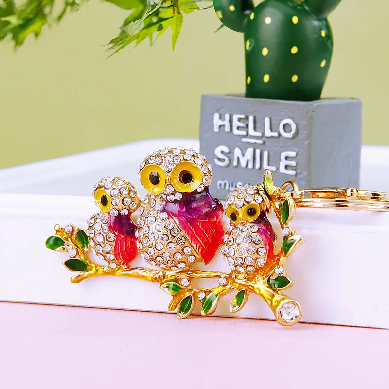 

Cute 3 Pcs Owl Crystal Rhinestones Enamel In One Keychain Car Bag Keys Exquisite Pendant Cartoon Trendy Animal Key Ring