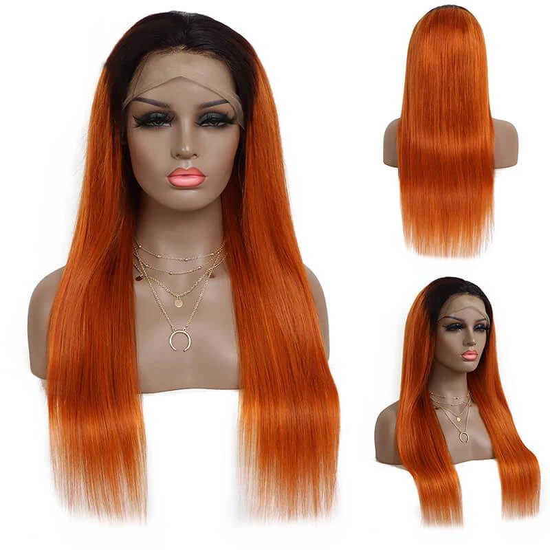 Ginger Orange Lace Front Wig Bone Straight Human Hair Wig for Black Women Ombre Color Short Bob 1B Orange Human Hair Lace Wig