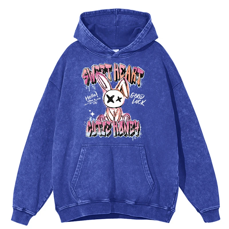 Sudadera con capucha retro desgastada con letras de dibujos animados de conejo y corazón dulce para hombre, sudadera informal holgada 100 % algodón, sudadera con capucha estilo hip hop