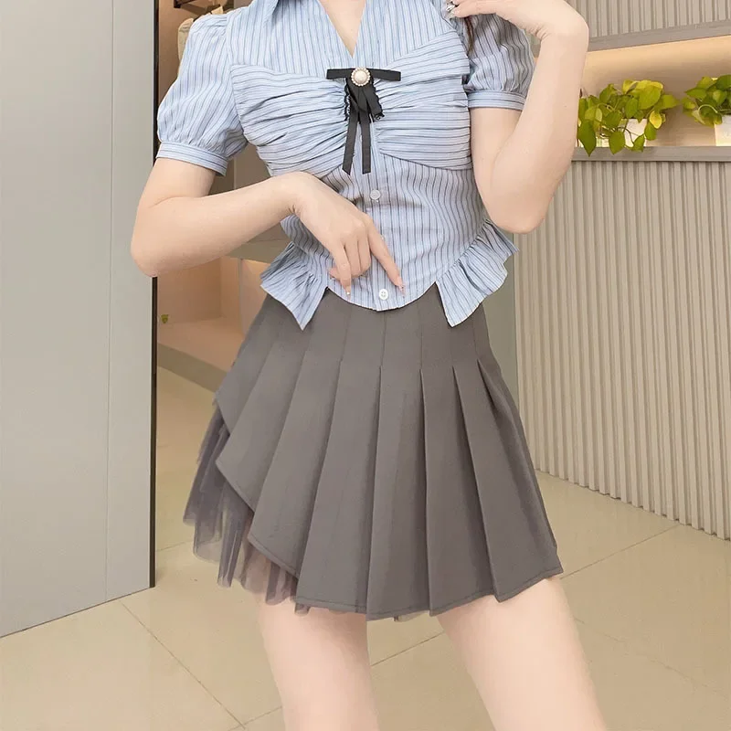 

Vintage Pleated Skirts Women Chic Summer Party All-match Schoolgirls Clothing Slim Simple Pure Faldas Ulzzang Y2k Mesh Design