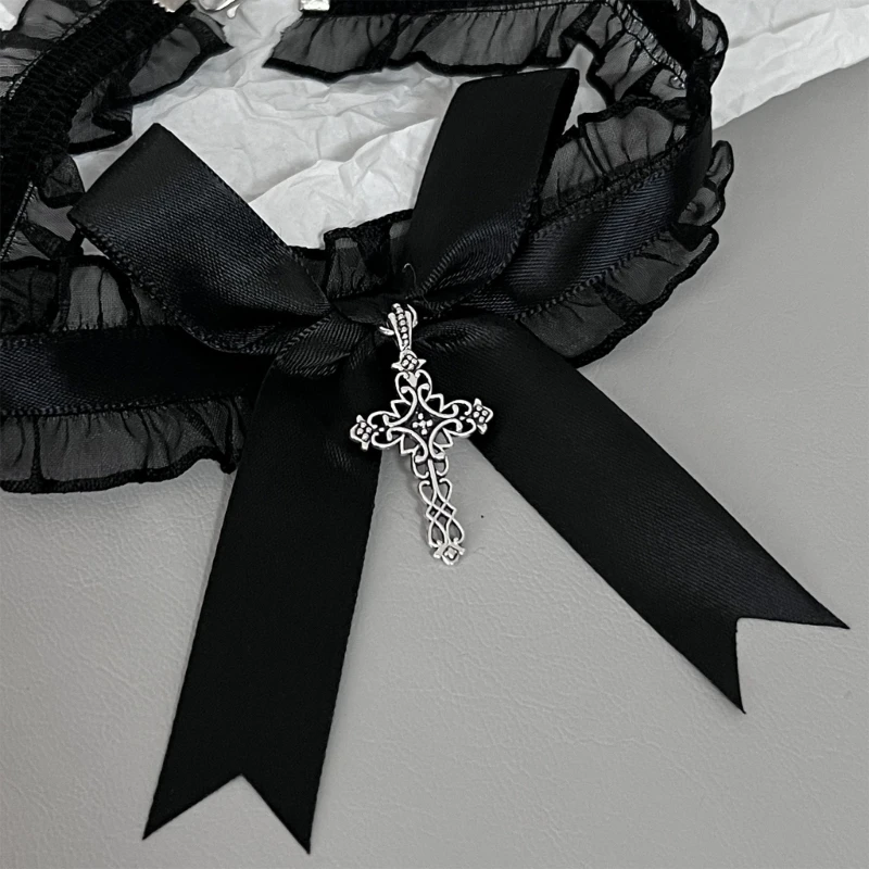 Choker Necklace Ruffle Lace Bowknot Crosses Charm Maid Sweet Collar Accessories