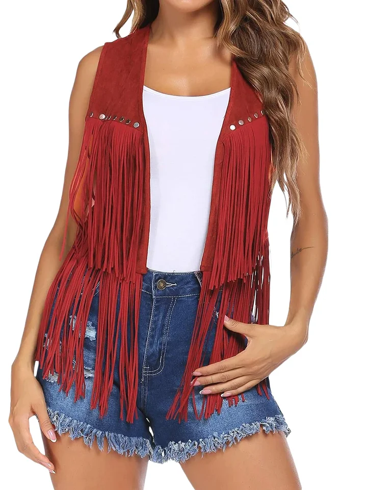 Gilet Con Frange Anni '70 Per Donna - Giacca Hippie In Finta Pelle Scamosciata Con Rivetti, Stile Cowgirl Western