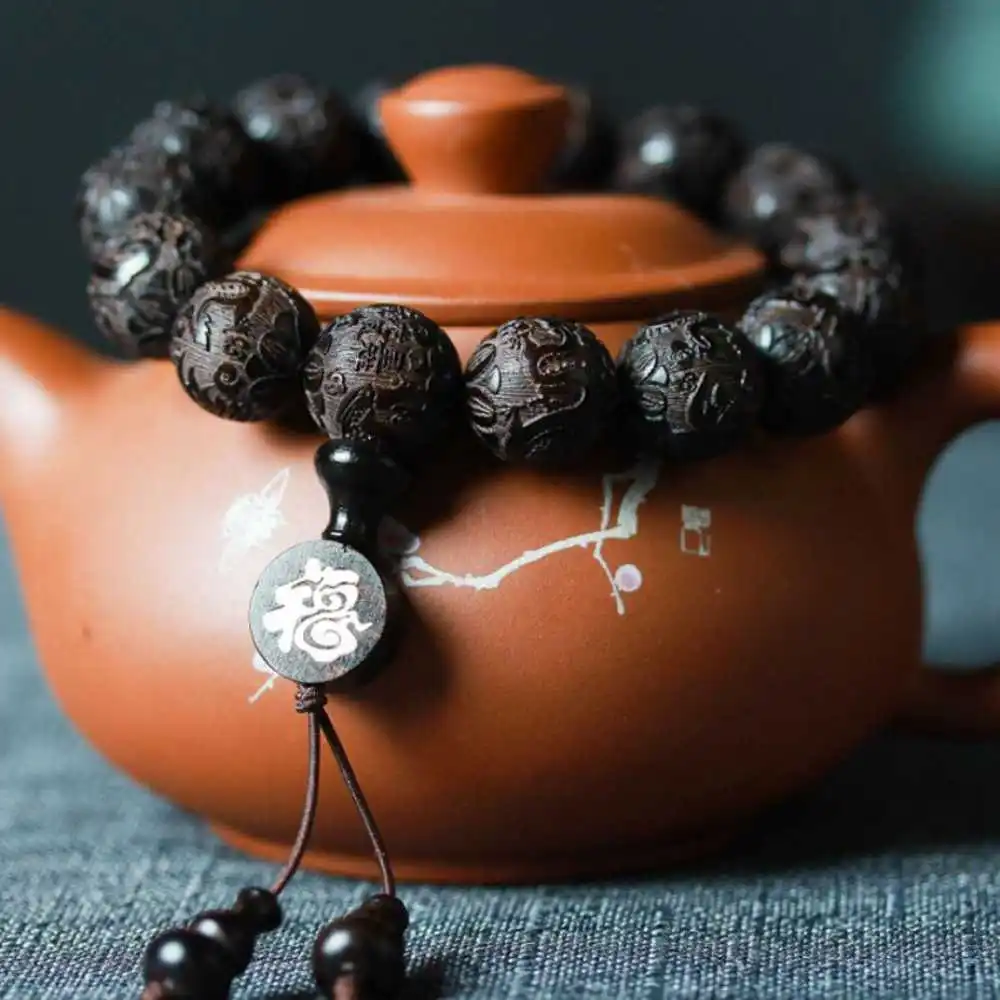 

15MM Ebony Carved dragons phoenixes Cuff Mala Lucky Bracelet Practice Yoga Calming Emotional Elegant Inspiration Handmade