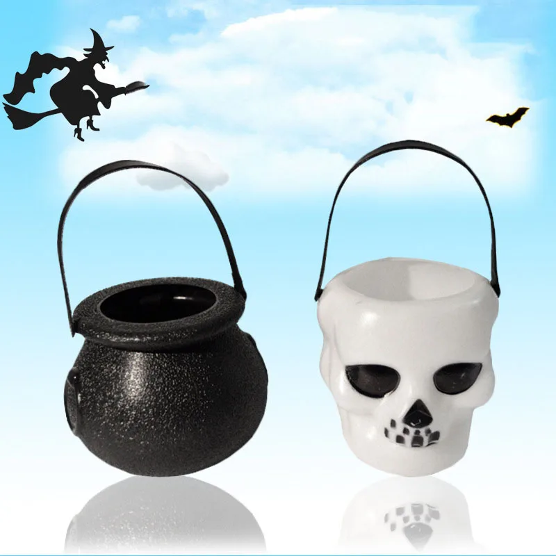 

2/10Pcs Horror Skeleton Black Witch Pot Candy Can Halloween Cauldron Novelty Halloween Bucket Ornament Skull Witch Toy