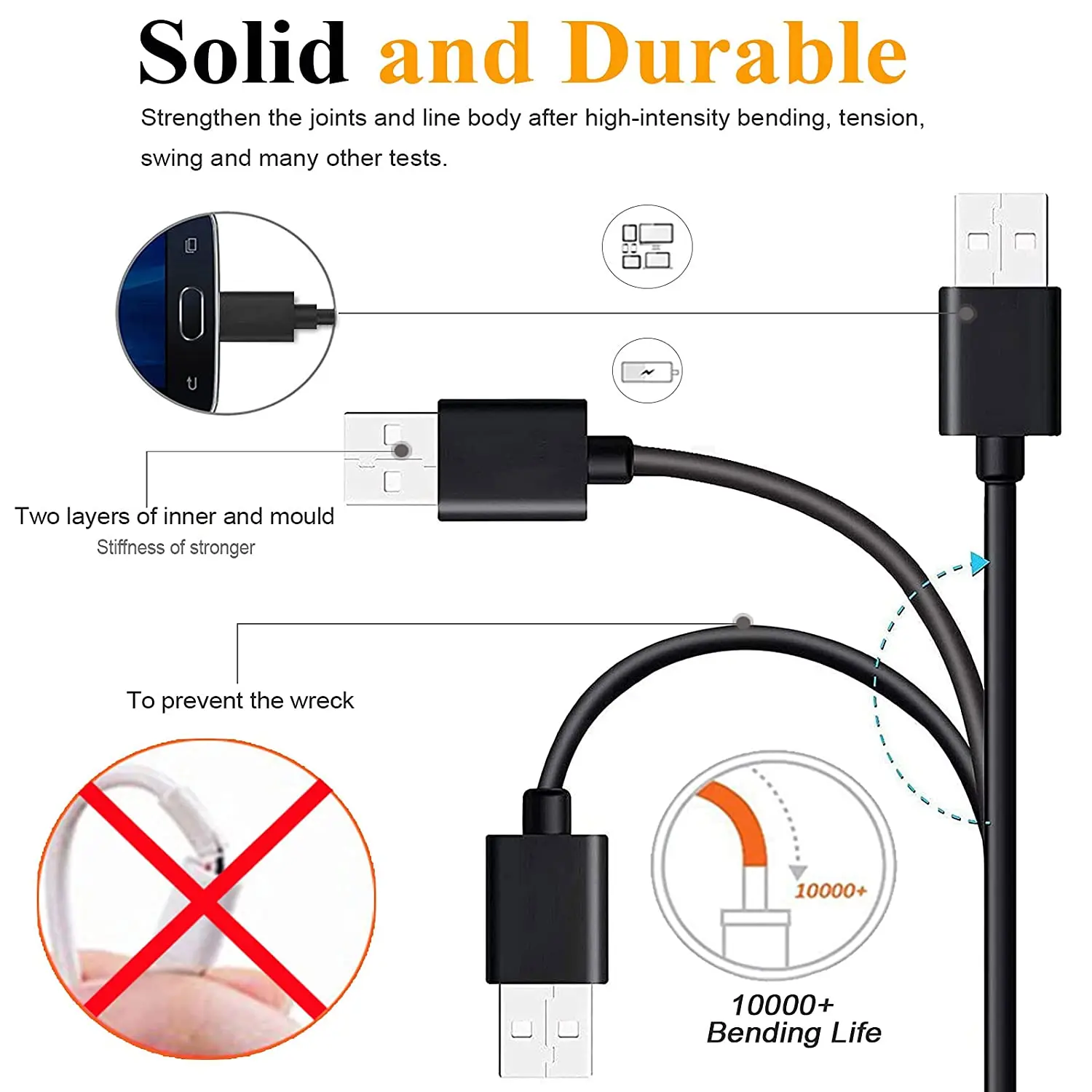 1pc 10CM USB 2.0 A to Micro B Data Sync Charge Cable Cord For Cellphone for PC for Laptop