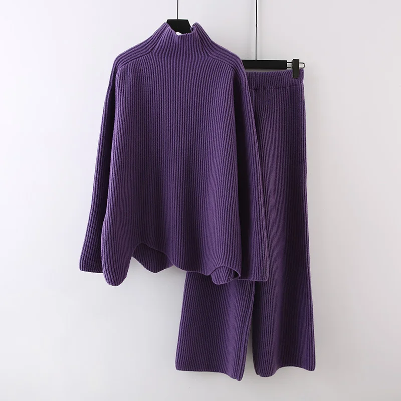 

Winter Women Purple Knitted Suit Loose Fashion Irregular Pullover Sweater Wide-Leg Pants Two-Piece Set Solid Female Outfit Fall