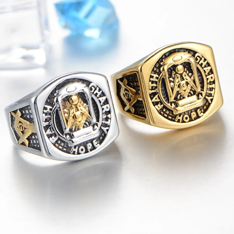 

CHUANGCHENG Korean Fashion Titanium Steel Casting Freemason Totem Stainless Steel Minimalist Ring Size 7-13