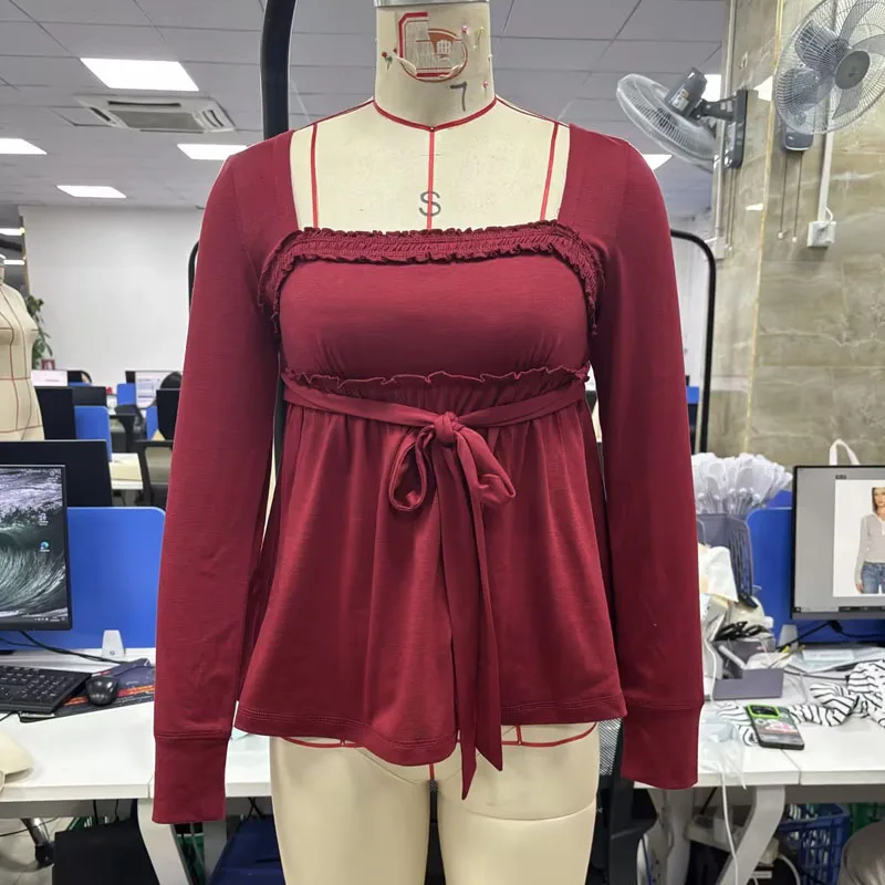Cottage Fairy Y2k Front Tie-up Milkmaid Tops Women Babydoll T-shirt 90s Vintage Square Collar Long Sleeve Peplum Blouse Tees 5