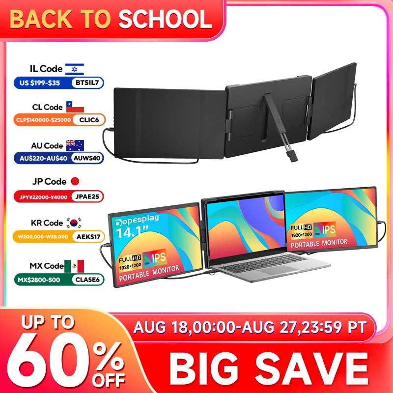 portable monitor Dopesplay 14.1" Triple Portable Monitor For Laptop 1200P FHD IPS Screen Extender Type-C USB For PC Switch Mac Up to 17.3 Laptop