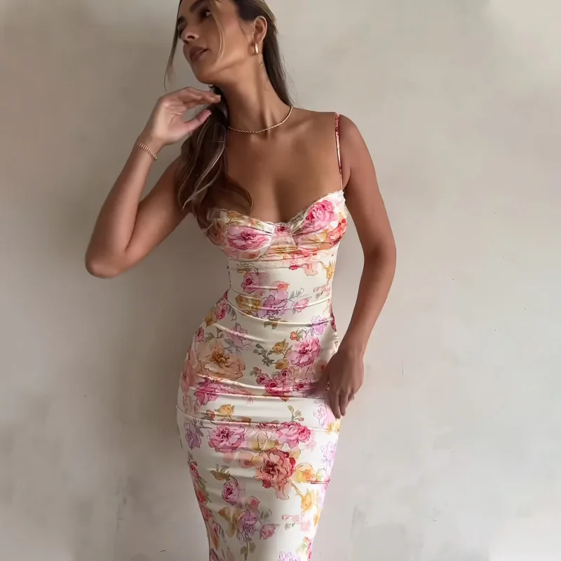 Sleeveless Sling Sexy Slim Fit Flower Print Women Prom Evening Dress Fashion Lace Backless Party Long Dresses