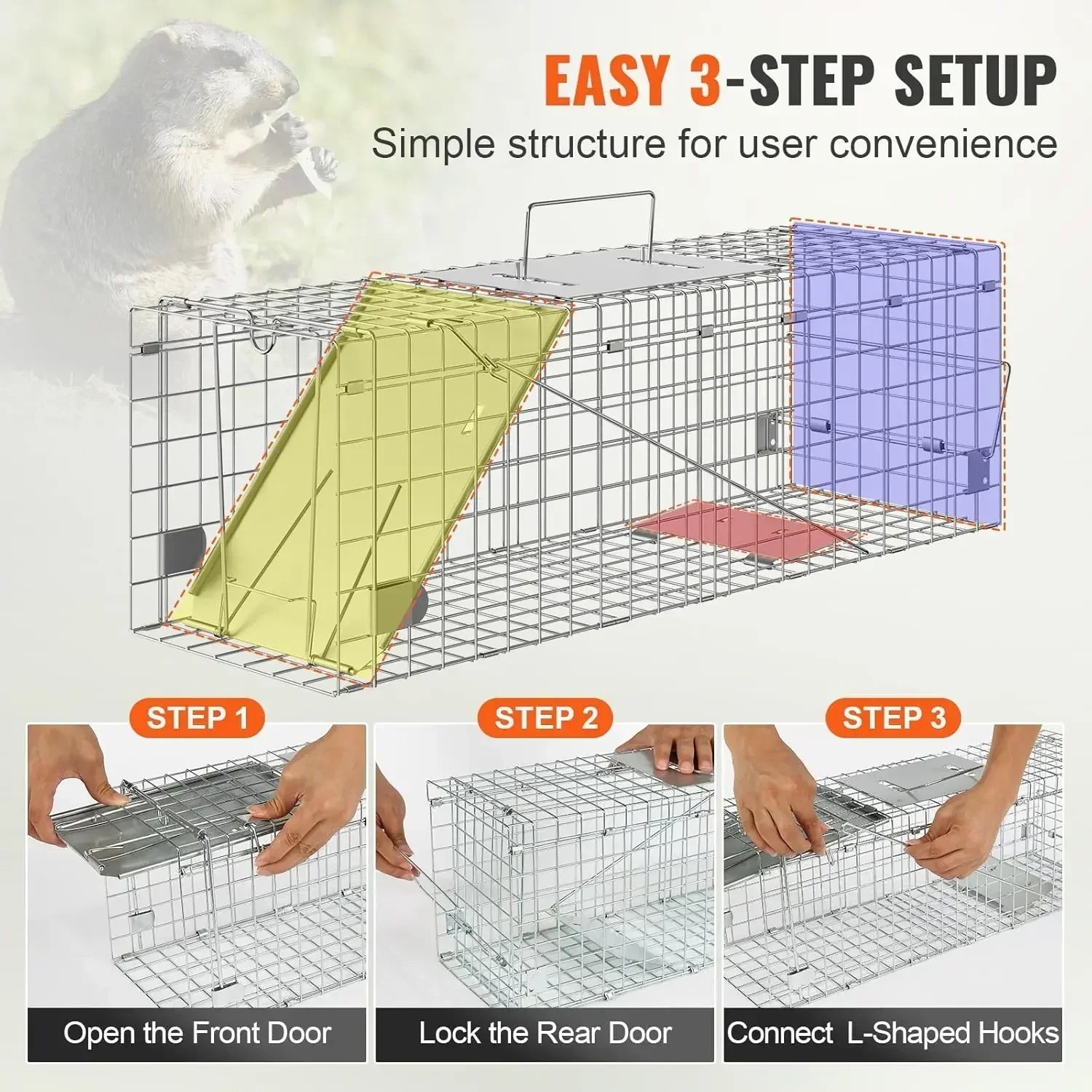 Folding Animal Trap with Handle for Small Rabbits Groundhogs,Live Animal Cage Trap,24" x 8" x 8" Humane Cat Trap Galvanized Iron