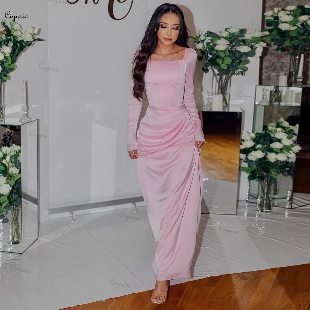 

Ciynsia Elegant Arabic Evening Gown Wedding Guest Dresses for Women Pink Long Sleeve Formal Dress Mermaid فساتين مناسبة رسمية