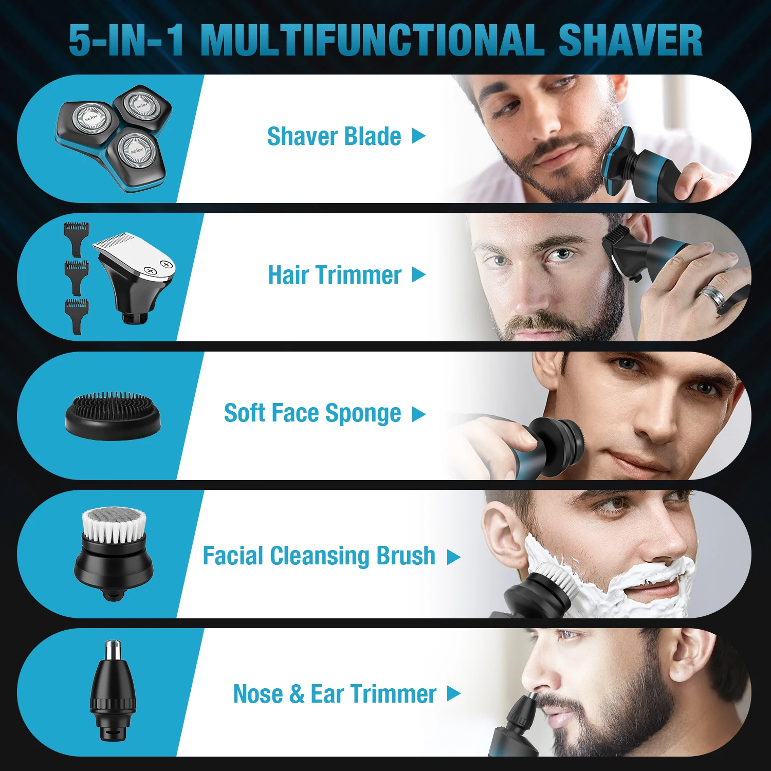 Sejoy KNIGHT Men's Electric Shaver kit Rechargeable Multi-functional Electric Hair Trimmer Razor Nose Trimmer Beard Hair Clipper 4