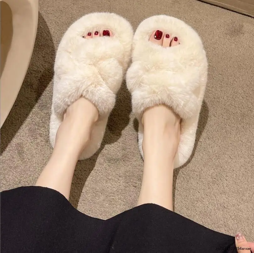 

Cross Strap Pearl Decor Fluffy Slippers Women New Flat Heels Warm Fur Slippers Woman Anti Slip Indoor Outdoor Winter Slides
