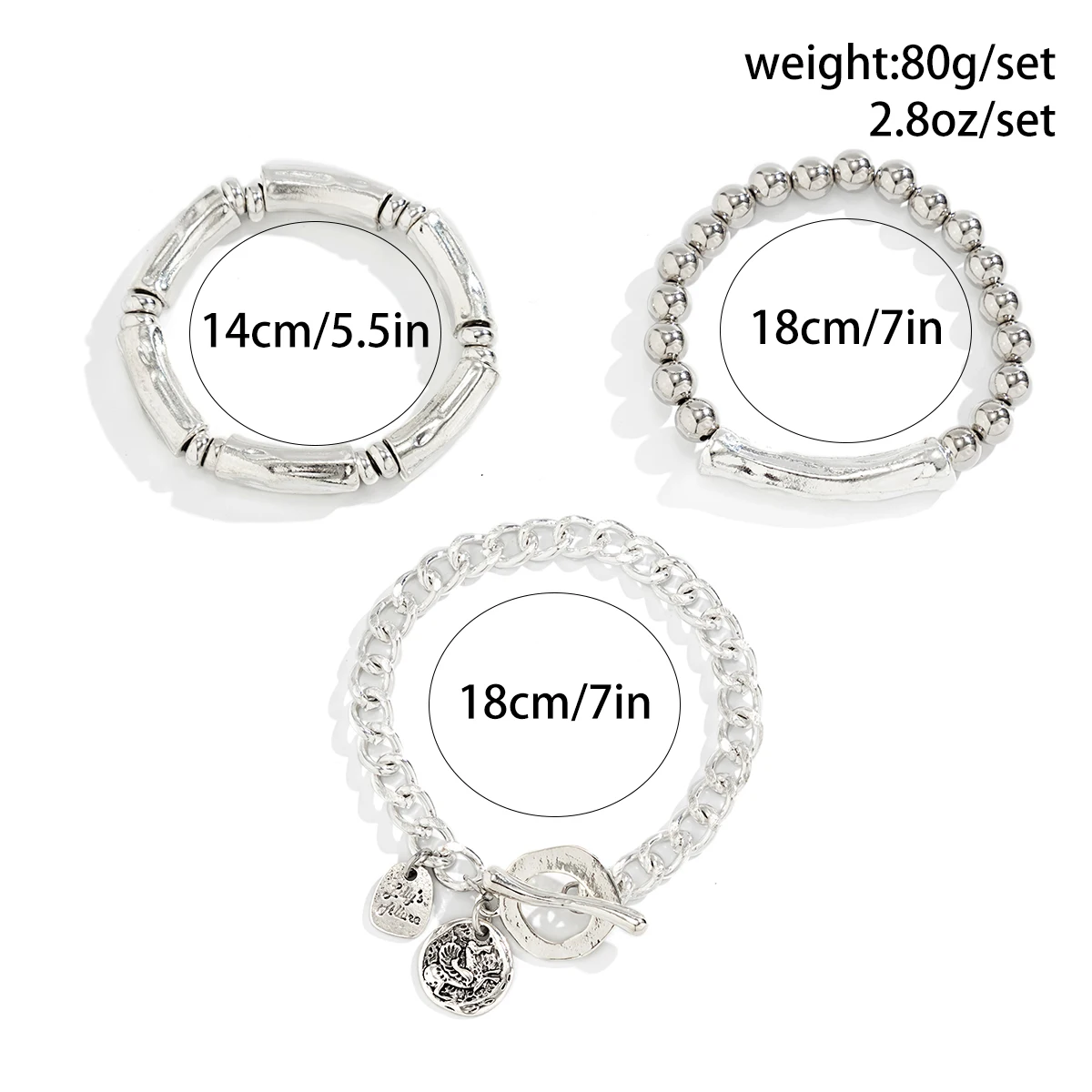 3Pcs/Set Gothic Hip Hop Silver Color Bone Bracelet for Women Trendy Vintage OT Buckle Hang Tag Thick Bangles Party Jewelry New
