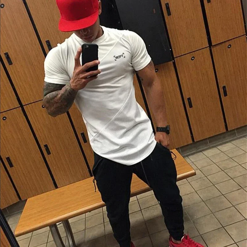 Neue Marke Kleidung Eng Baumwolle + Mesh T-shirt Herren Fitness T hemd Homme Turnhallen T Shirt Männer Fitness Sommer Bodybuilding t-shirt