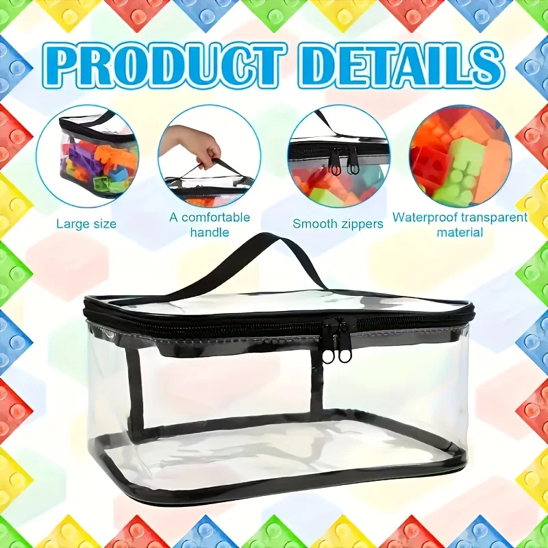 Portable Clear Zipper Pouch for Lego Accessories Board Game Storage Tag Manual Pocket & Handle Black(No Building Blocks)