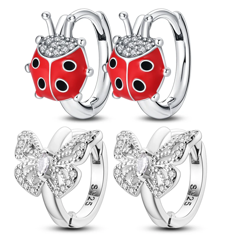 Silver Stud Earrings 925 Sterling Silver Butterfly Ear Studs Fashion Red Ladybug Earrings for Women Fine Birthday Jewelry