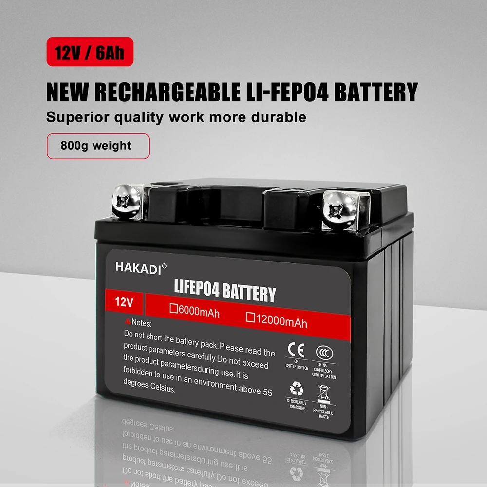 

HAKADI Lifepo4 Battery Pack 12V 6A 12A 3C Discharge for Start Power 90-250CC or Normal with Charger for Motorcycle UPS Energy