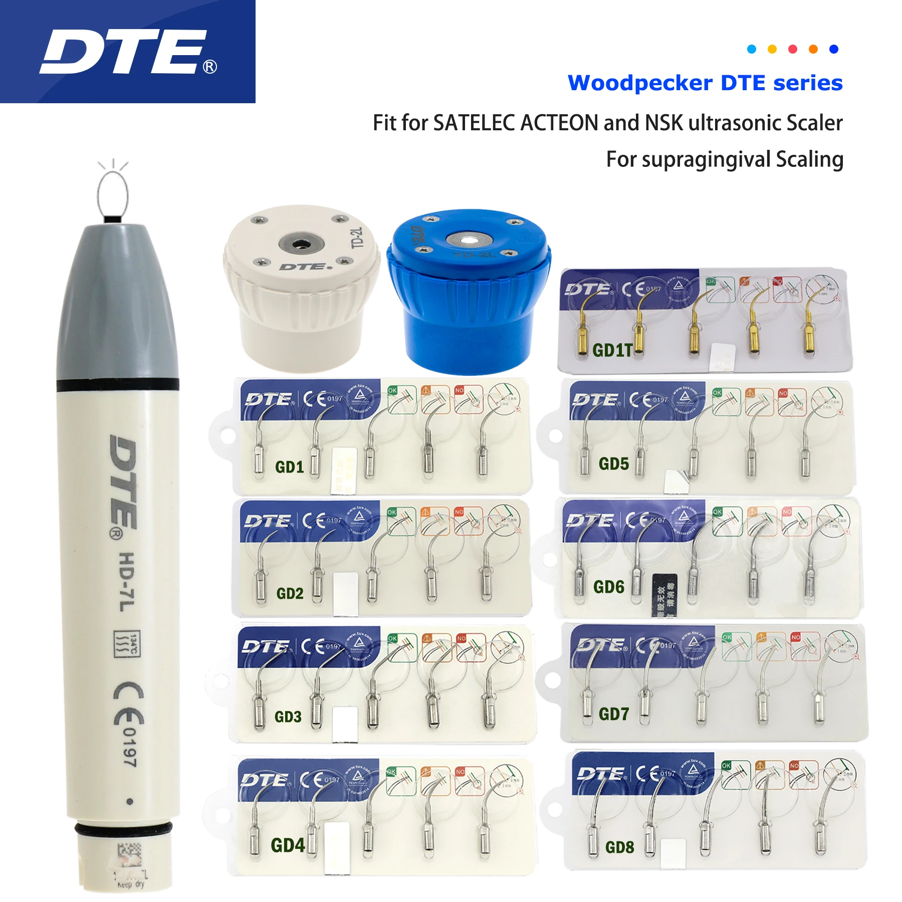 

Woodpecker DTE Dental Ultrasonic Scaler Handpiece HD7L Tip GD1/2/3/4/5/6/7/8 GD1T Fit NSK SATELEC ACTEON Scaling Teeth Equipment