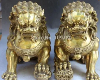 

high 8" Folk Chinese Fengshui Bronze Guardian Foo Fu Dog Phylactery Lion Statue Pair
