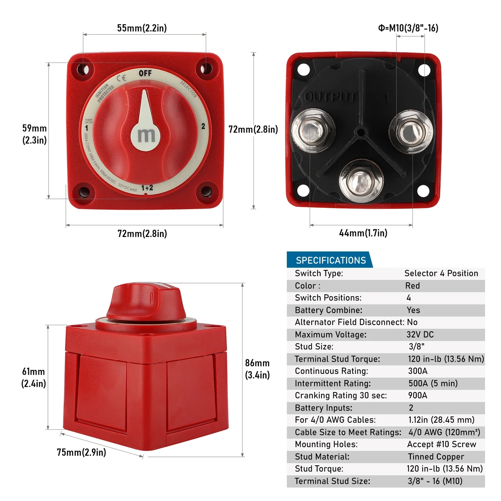 3/4-Positionen-Doppelkreis-Batterie-Trennschalter 300A DC 32V Isolator-Drehschalter für Wohnmobil, Auto, RV, LKW, Boot – Detail 3
