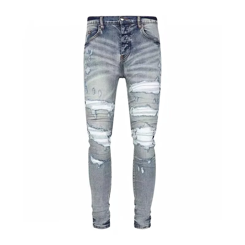 Fashion Streetwear Men Jeans Retro Blue Stretch Skinny Fit Ripped Jeans Men Hole Leather Patched Designer Hip Hop Brand Pants