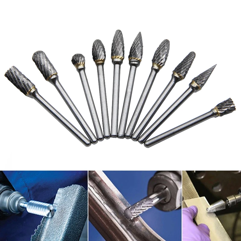 10PC Metal Drawing Tungsten Carbide Milling Cutter Rotary Tool Burr Double Diamond Cut Rotary Dremel Tools Electric Grinding