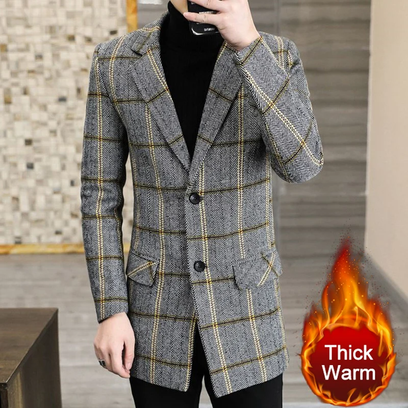 

British Thickening Plaid Contrasting Colors Woolen Windbreaker Mid Long Jacket Abrigo Largo Hombre Winter Men Casual Trench Coat