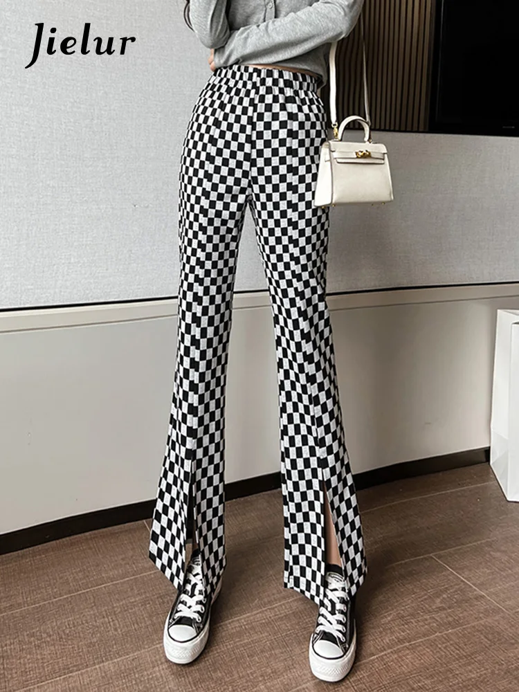 Jielur Flare Wide Leg Plaid Pants Women 