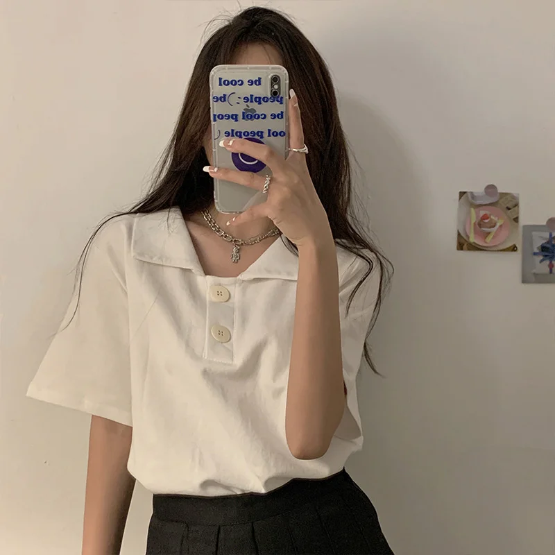 

2023 summer new polo shirt short sleeved t-shirt women loose versatile pullover square neck white black high-quality top