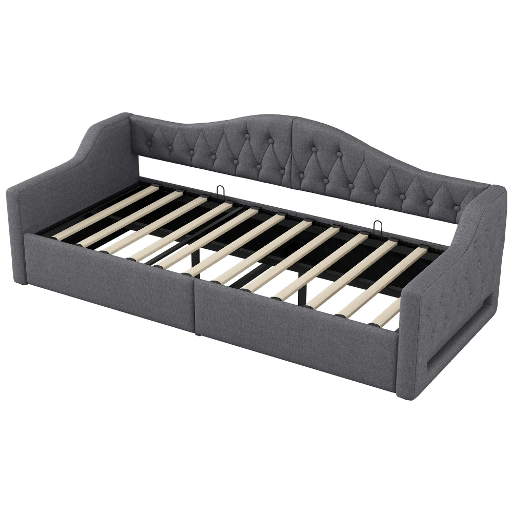 Bettgestelle und -gestelle, graues gepolstertes Tagesbett mit LED-Streifen, Stauraum unter dem Bett (ohne Matratze), Einzelbett in Doppelbettgröße – Detail 27