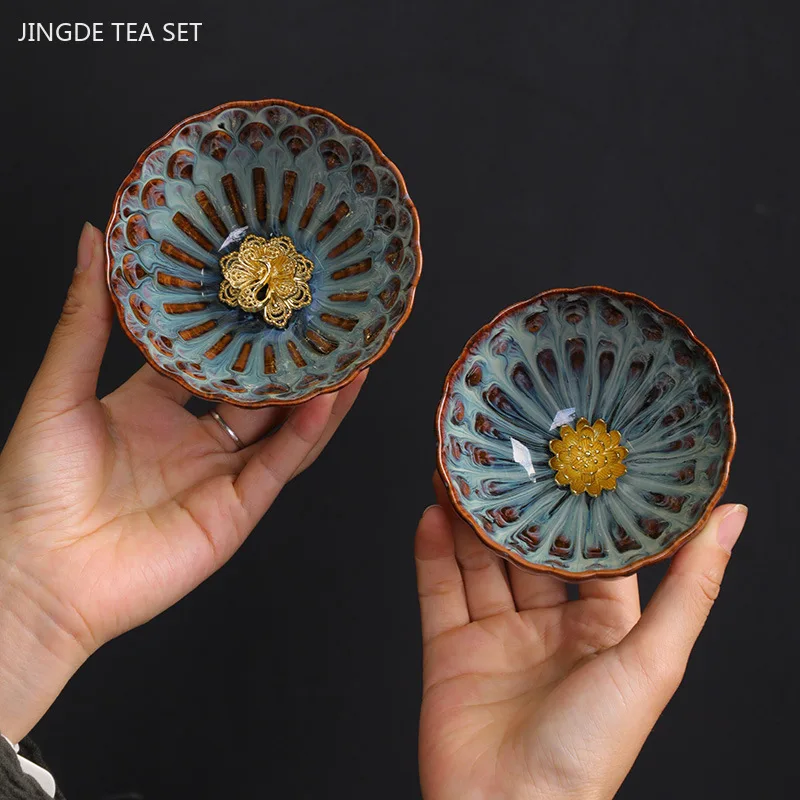 100ml Exquisite Kiln Change Gold Lotus Tea Cup Ceramic Home Master Cup Handmade Beauty Small Tea Bowl Zen Tea Set Accessories