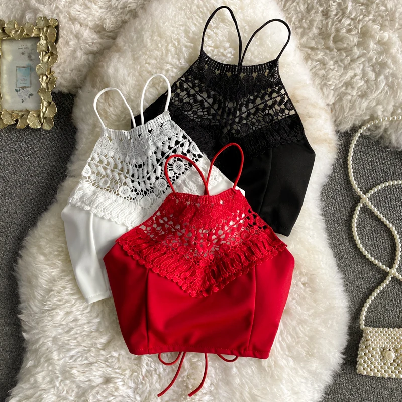 

Backless Seaside Holiday Feel Sexy Bras Lace-paneled Halterneck Camisole Y2k Tops Short Cropped Sleeveless Top With Tube Top