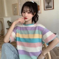 Ele Loose High Waist Slimming Design Women's T-irt Pure Desire Spicy Girl Faionable Daisy Rainbow Korean Sle Commute