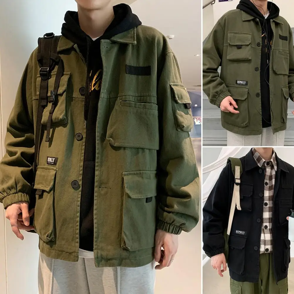 Men Cargo Coat Multi Pockets Loose Turndown Collar Streetwear Autumn Winter Elastic Cuff Single Breasted Overalls Top for Daily 2 pcs set work clothes suit men overalls dirt proof wear resistant multi pockets soft coat suit thickened conjuntos de chaqueta