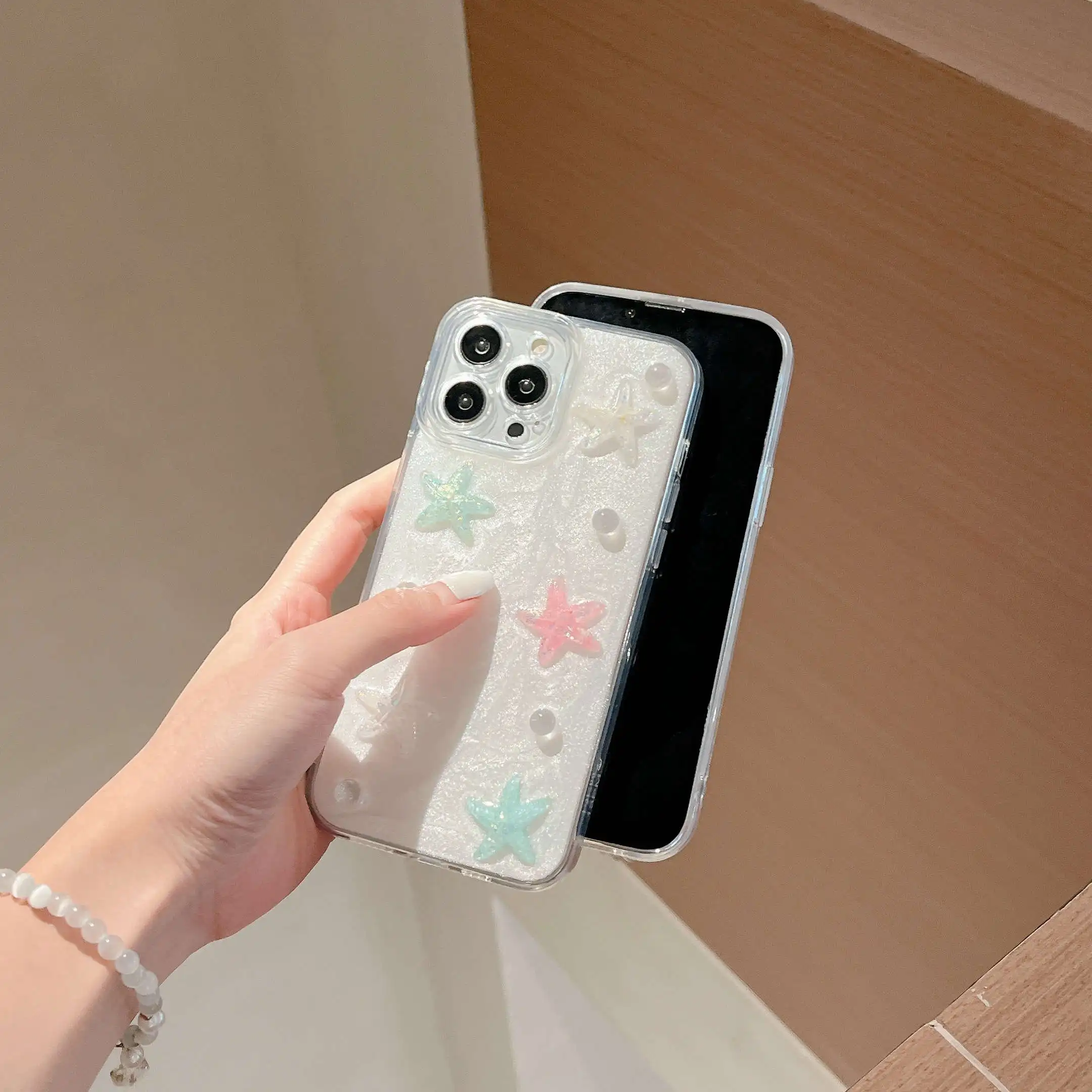 3D Cute Starfish Pearl Bracelet Phone Case For iPhone 15 14 13 12 11 Pro Max X XR XS Max Acrylic Back Soft Shockproof Cover