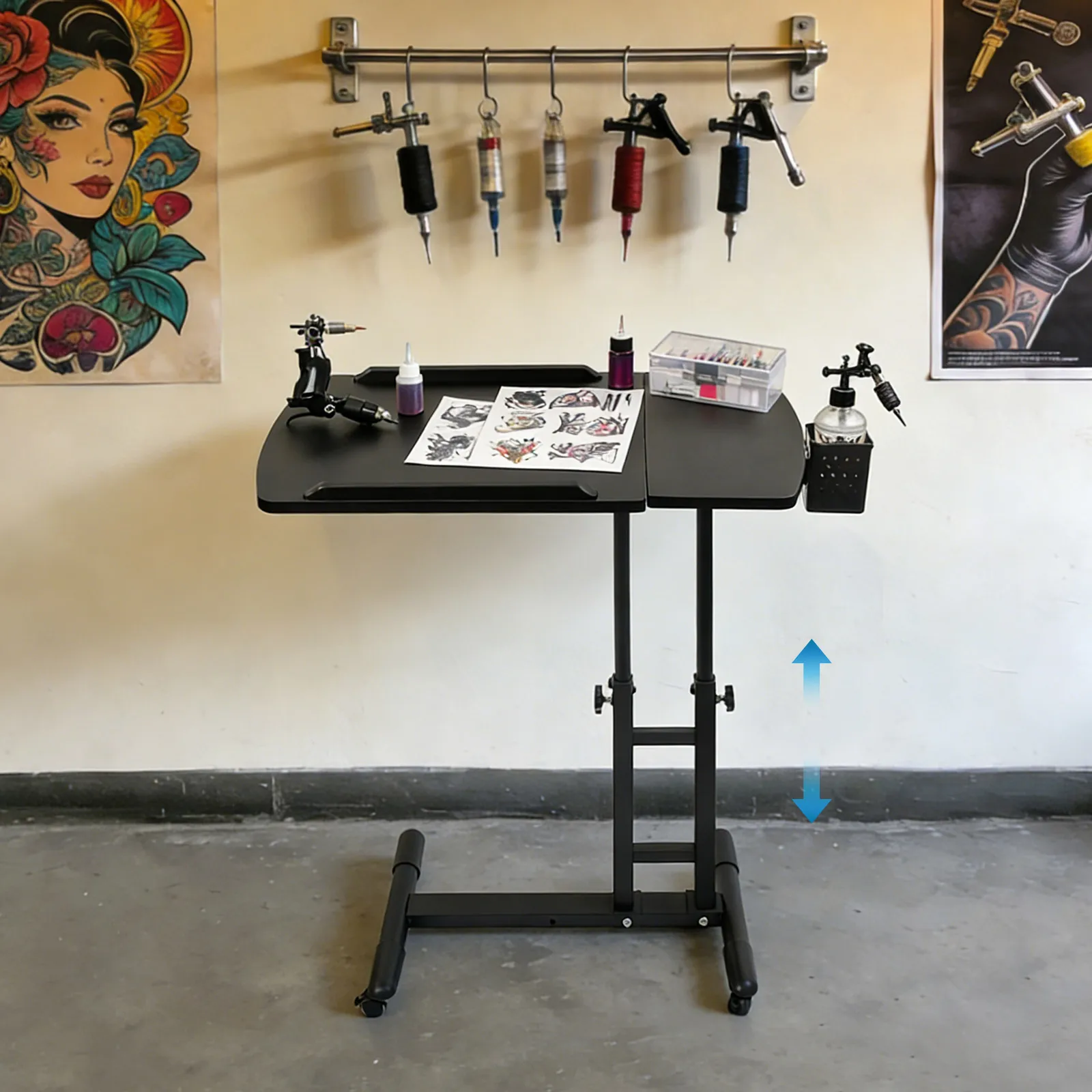 Portable Tattoo Workbench, Adjustable Height Tattoo Table, Iron Baked Paint Black, 57.5-90cm, 64x40cm Workbench, Load 12.5kg, Folding Easy to Store, with Density Board and Plastic Parts