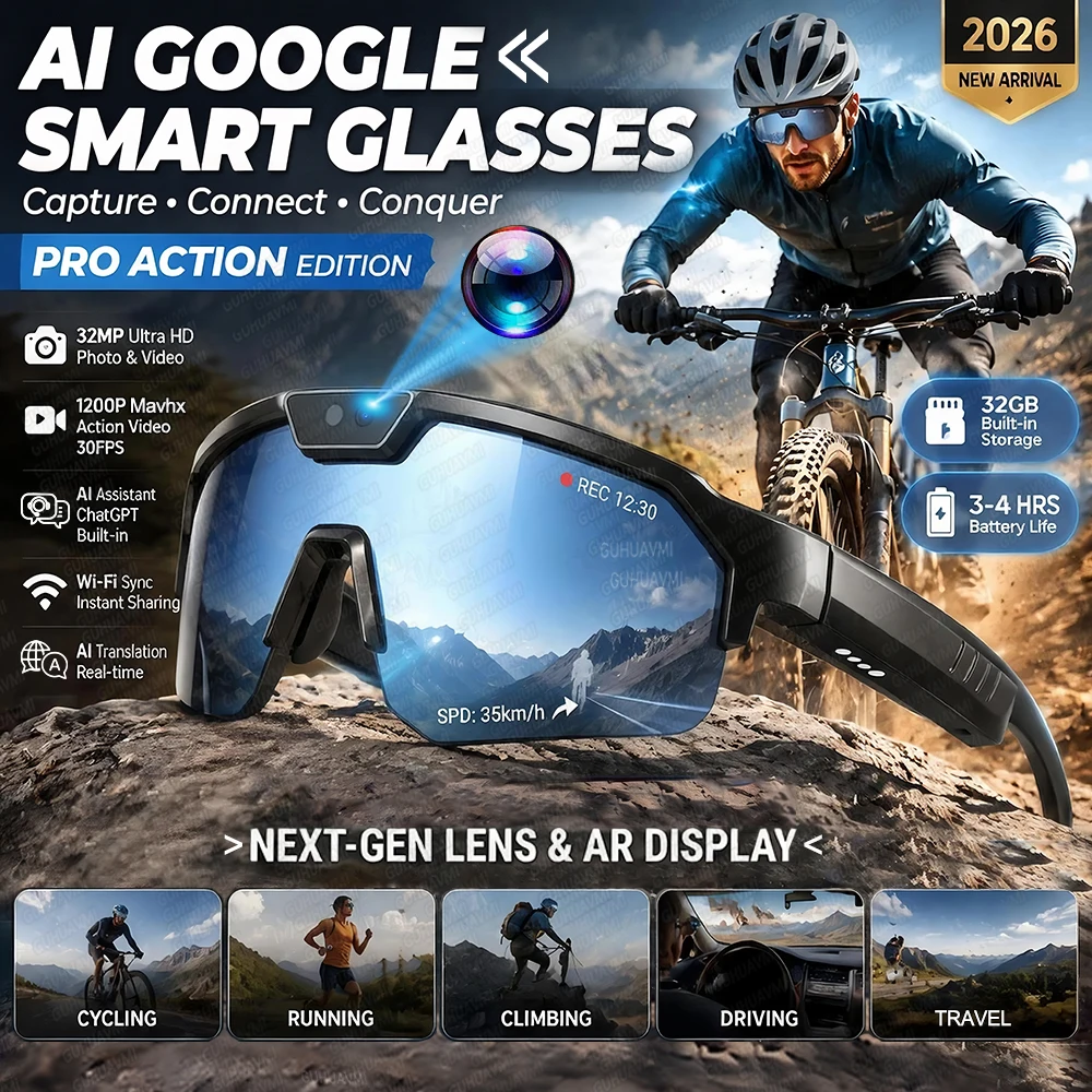 AI Smart Sports Glasses with 30MP Camera – 4K Anti-Shake Video Recording, 32GB Storage, Dual Microphones & Windproof Cycling Goggles 1