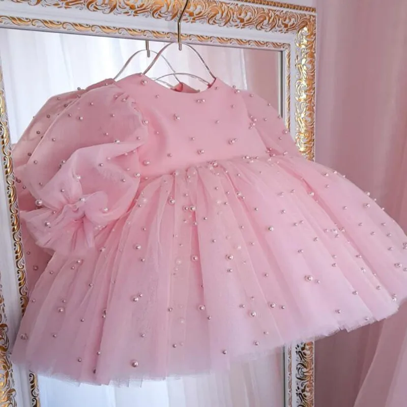 

Pink Cute Girls Princess Ball Gown Children Fashion Pearl Beading Design Birthday Party Evening Boutique Dresses y1100
