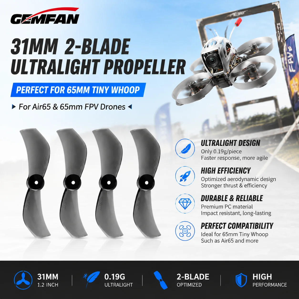 Gemfan 31mm 1,2 Zoll 2-Blatt-Ultraleichtpropeller 0,19g für 65mm Tiny Whoop Air65
