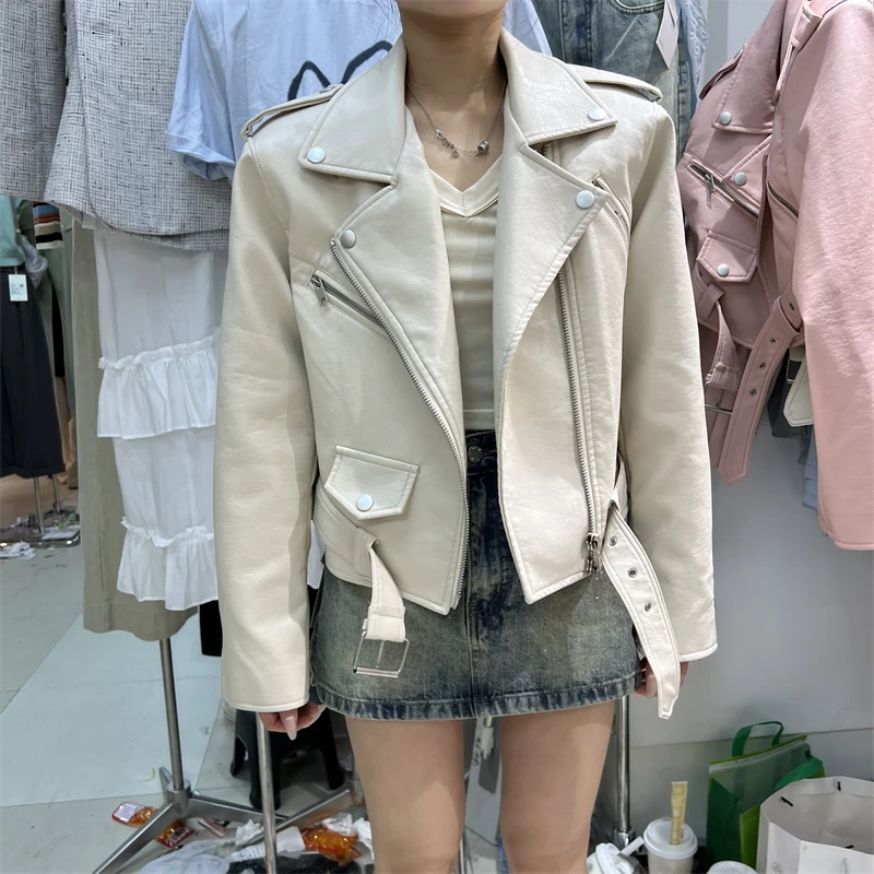 Plnh2024 봄 새로운 한국 패션 느슨한 슬리밍 옷깃 집업 오토바이 가죽 PU 재킷 패션